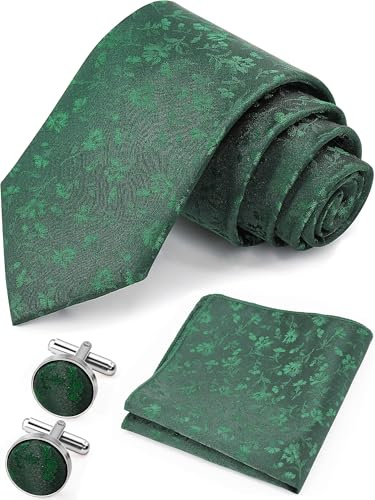 Hoocl Grüne Krawatte Herren ManschettenknöPfe Einstecktuch Set Hochzeit Schulabschluss Tanz Party Formelle Business Muster Krawatten Mit Einstecktuch für Herren
