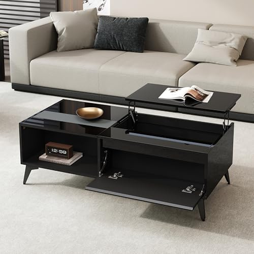 FammyLoft Hochglanz-Couchtisch Höhenverstellbarer, Coffee Table mit Stauraum Rechteckig, Aufklappbar Kaffeetisch Offene Regale, Wohnzimmertisch, Sofa Tisch, 110 x 50 x 48 cm, für Wohnzimmer, Schwarz