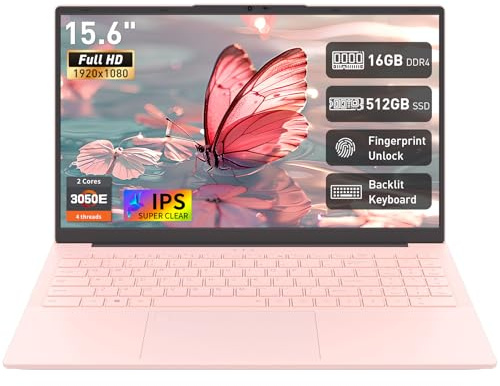 Auusda 16GB RAM 512GB SSD Laptop, Compatible with Win11, 15.6 Full HD IPS, Backlit Keyboard & Fingerprint Login, Full-Function USB C, 6000mAh, Lightweight Design for School & Work (Pink)