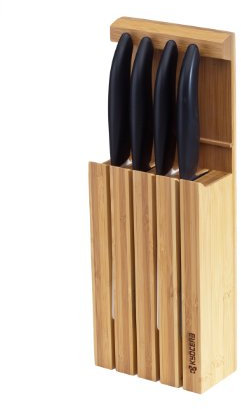 Kyocera Couteau Céramique Set de 4 Couteaux Manche Noir Planche à découper + Bloc Couteaux + dans Un Emballage Cadeau pour Noël