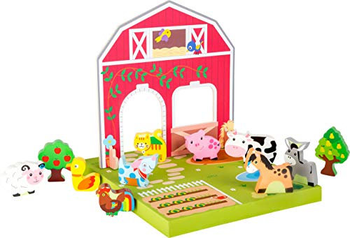 small foot 10531 Spielwelt aus Holz zum zusammenbauen, inkl. Holztierchen vom Bahnhof und Bäumen, Bauernhof bestehend aus Flacher Scheune und Garten