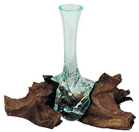 Beho Natürlich gut in Holz Vase aus Glas auf Wurzelholz 2831 tolle Geschenkidee Höhe ca. 25 cm mundgeblasen Unikat
