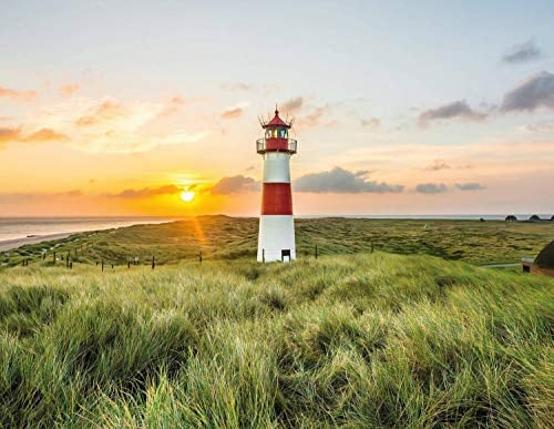 awallo Fototapete – Motiv «Leuchtturm» in Blau, Gelb, Grün | 336x260cm | XXL Bild-Tapete Wand-Bild Digitaldruck | hochwertige Vliestapete – Made in Germany | einfache Verarbeitung