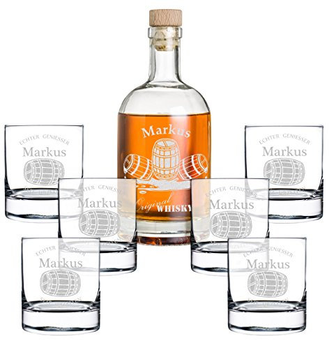 Coffret Cadeau 7 pièces Personnalisé avec Gravure - Bouteille de Whisky et 6 Verres à Whisky - Carafe en Verre Contenu: 700ml - idée Cadeau pour Les Hommes - Le Baril de Whisky Motive
