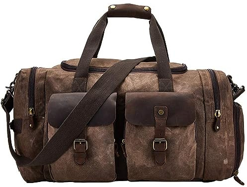 BRASS TACKS Leathercraft Vintage Reisetasche mit Schuhfach,Weekender Damen und Herren handgepäck,Crazy Horse Leder und Segeltuch, Räumlich und langlebig,Wasserdicht Sport,Retro-braun
