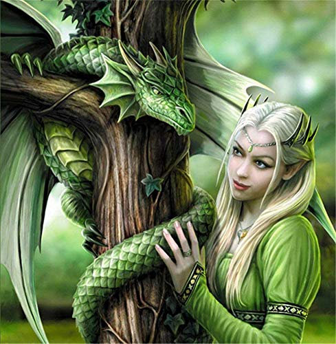 5D Diamond Painting Diamant Malerei Painting Bilder, Wowdecor Grün Drachen Mädchen Full Set Groß DIY Diamant Gemälde Malen Nach Zahlen