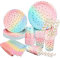 Jetable Anniversaire Assiette Carton Vaisselle - Pastel Arc en Ciel Assiettes Papier Gobelet Serviette Paille Lot Multicolore Fille Verre Couvert Kit pour Mariage Fete Baby Shower, 25 Invites