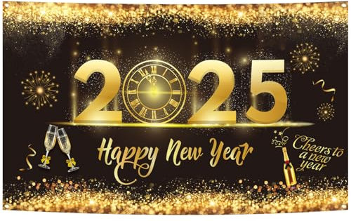 HOWAF Silvester Deko 2025 Neujahrs Banner Schwarz Gold Extra Groß Stoff Happy New Year Hintergrund Banner für Neujahr Dekoration 2025 Deko Silvester Party Happy New Year 2025 Deko