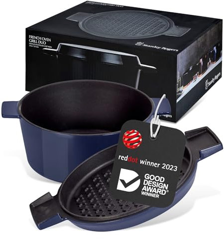 Stanley Rogers Cocotte runder Gusseisen Bräter emailliert 3,5l 24cm blau I Praktische Grillpfanne als Deckel I Geeignet für Induktion und Backofen