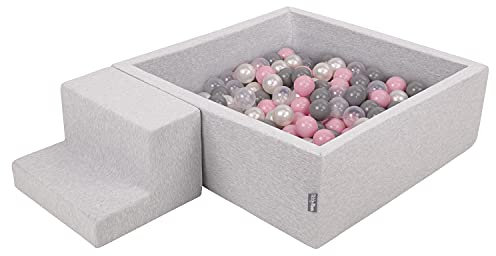 KiddyMoon Spielplatz Aus Schaumstoff Mit Quadrat Bällebad (200 Bälle) Ballgruben Für Babys Spielbad Hindernisläufen, Hergestellt In Der EU, Hellgrau:Perle/Grau/Transparent/Puderrosa