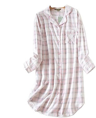 DSKK Chemise de Nuit Femmes Coton à Carreaux boutonnée Manches Longues,Femmes Hauts de Pyjama Chemise de Nuit pour Femme (Rose,XL)