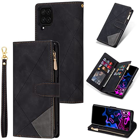 UEEBAI Wallet Case for Samsung Galaxy A12 5G/M12 5G, Vintage Premium PU Leather Cover Flip Case with Card Slots Magnetic Closure Zipper Pocket Kickstand Handbag with Hand Strap - Splice Black