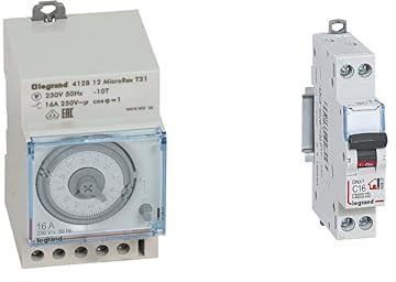 Legrand 412812 Interrupteur horaire analogique modulaire programmable Manuel journalier, Cadran Horizontal sans réserve de Marche & Disjoncteur Phase + Neutre avec Bornes à Vis, 16A, 1 Module, Gris