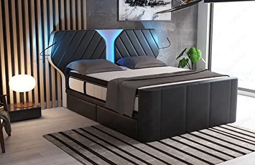 Sofa Dreams Boxspringbett Nizza Lederbett mit LED Beleuchtung RGB Licht Hotelmatratze 140x200 160x200 180x200 200x200 200x220 (200 x 220 cm, Schwarz-Weiß)