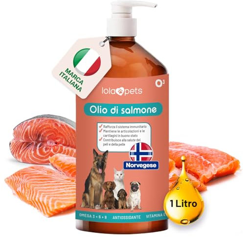 Olio di salmone per cani e gatti 1 LITRO [ NORVEGESE - 100% naturale, spremuto a freddo ] Omega 3+6+9 e vitamina E, Antiossidante | Pratico erogatore (Rosso)
