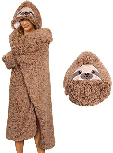 Niwicee Faultier Geschenk für Frauen Oversize Hoodie Decke Pullover Panda Tragbare Festival Geschenke Kapuzenpullover Sherpa Sofadecke Sloth Kuscheldecke Flauschig Mit ärmel-Braun - Faultier