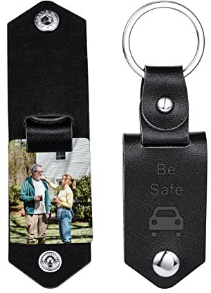 INBLUE Personalisierter Leder-Schlüsselanhänger mit Prägung Symbol Foto Text Individueller Jahrestag Schlüsselanhänger für Männer Vater Ehemann Freund (Schwarzes Leder & Farbiges Bild)