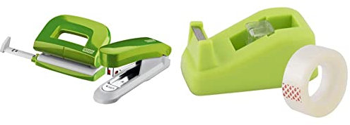 Novus Schreibtisch Set (Heftgerät E 15 mit Locher E 210, inkl. 1000 Heftklammern No. 10) grün & D.RECT Klebebandabroller 8005 Klebebandspender Grün– bis 19 mm Klebebandlänge bis 33 m - 19 mm x 33 m