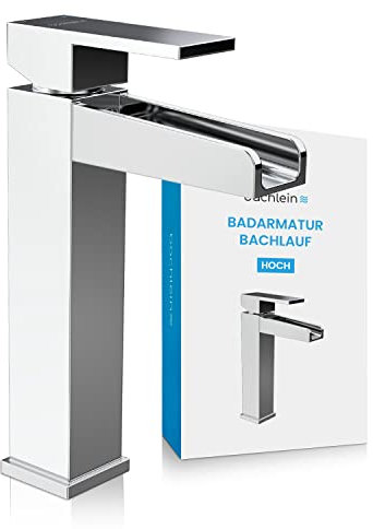 Bächlein Badarmatur Sotira hoch in Bachlauf-Design, extra hoher Einhebelmischer mit Montage-Set für Aufsatzwaschbecken, Bad Wasserhahn Chrom