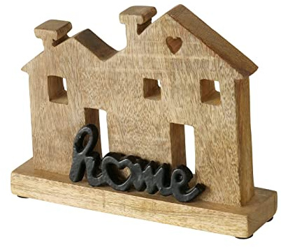 Dekoaufsteller Holzhäuser aus Mangoholz mit Schriftzug Home – schwarz | Handgefertigtes Unikat, ideal als Einzugsgeschenk fürs Bad, Wohnzimmer oder Flur, mit Filzgleitern, Aluminium – Seaside No.64