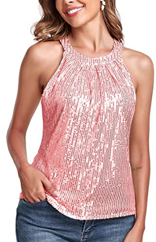 Fenyong Top con paillettes da donna senza maniche elegante scintillante canotte per feste club concerto cocktail gilet canotta camicia, Rosa, L