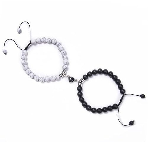 BCughia Bracelet, Armbänder Weiß Schwarz Versilbert 2Pcs Beads Armband Weiss Magnesit Bead Kette Herz Magnetische Perlen Paare Armband 16.7cmx8mm
