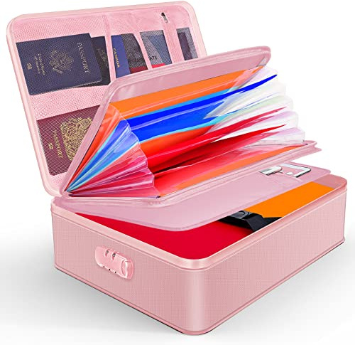 JUNDUN Fireproof Document Box with Lock Fireproof Waterproof | Document Storage with 7 File Folder,Portable Home Fire Safe Storage Box Case with Lock for Documents and Deed Pink