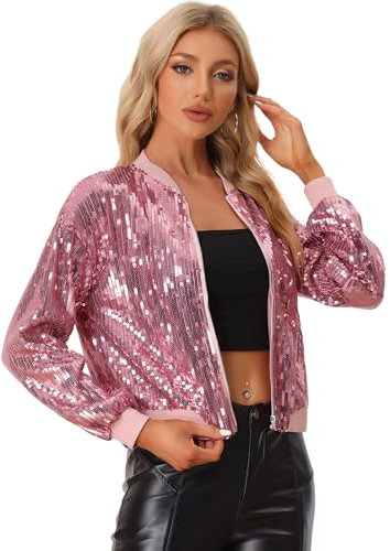 Allegra K Damen Glitzer Jacke Bomberjacke Pailletten Bomber Jacke Langarm Party Club Metallic Sequin Jacken Rosa Pink M