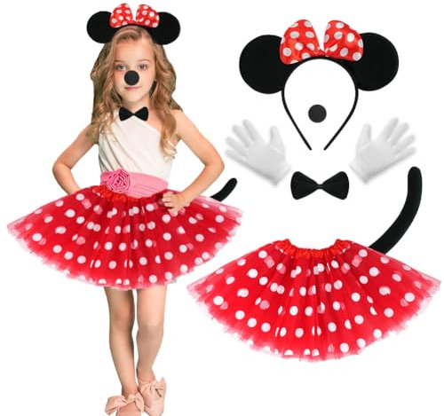 ACWOO Minnie Costume Ragazza, 1 Tutù di Minnie Pois Gonna Tulle 1 Minnie Cerchietto da Topo 2 Guanti Bianchi 1 Naso Nero1 Coda, per Costume Carnevale Festa Minnie Cosplay Costume Halloween