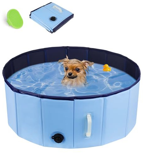 DEWEL Vasca da Bagno Portatile per Cani, Piscina per Animali Antiscivolo con Maniglia, Vasca da Bagno Pieghevole per Cani di Piccola e Media Taglia, con Spazzola, 80 x 30 cm