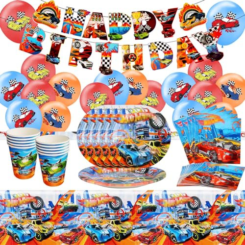 Rennauto Partygeschirr Set, Autos Pappteller Kindergeburtstag, 60 Stück Auto Kindergeburtstag Geschirr Rennwagen, Pappteller, Becher, Tischdecke, Servietten, Luftballons, Banner