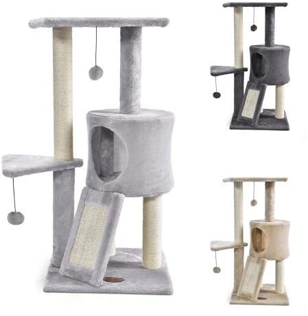 PATAM Kratzbaum aus Natursisal mit Katzenhöhle und Kratzrampe, verstärkter Boden und einfacher Montage – Höhe 83,5 cm, Toys Hellgrau