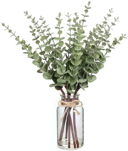17.5 Artificial Eucalyptus Stems in Glass Vase with Faux Water(Sage Green) | Realistic Fake Plants Faux Eucalyptus Leaves with Glass Vase, for Centerpiece Table Farmhouse Wedding Home Greenery Decor