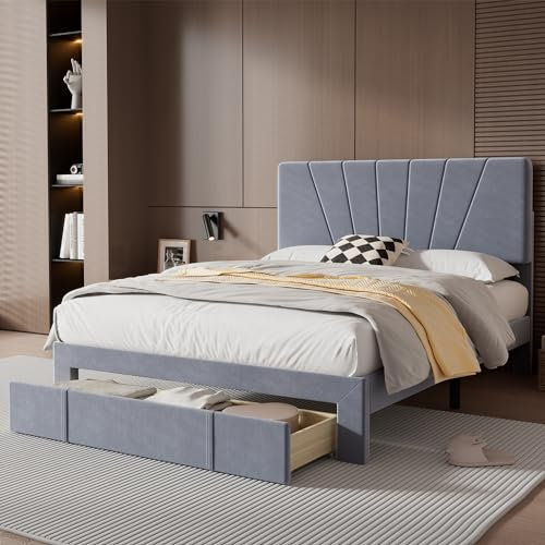 Kayan Upholstered Double Bed 135 x 190cm, Storage Bed with a Big Drawer, Platform Bed with Adjustable Headboard, Velvet Fabric 4FT6 Double Bed Frame, No Mattress (Grey)