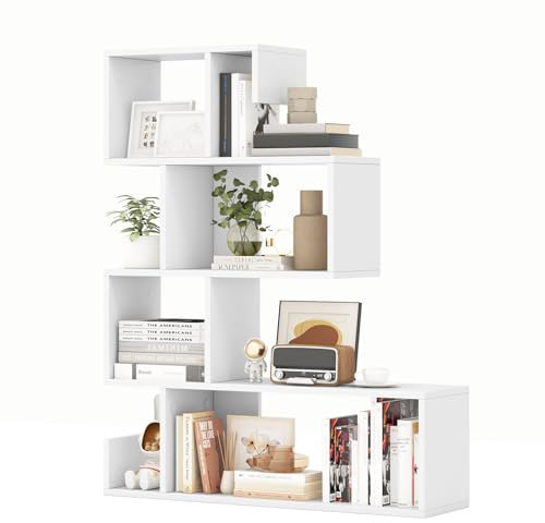 COSTWAY 4-Tier Wooden Bookshelf, S-shaped Cube Storage Bookcase Display Stand with Anti-tipping Device, Freestanding Geometric Shelving Unit Room Divider for Living Room Bedroom Office (White)