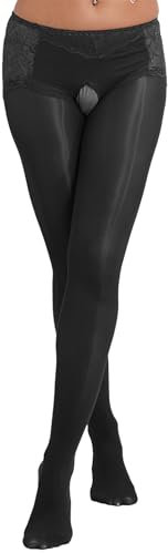 Kaerm Glossy Strumpfhose Damen Sexy Offener Schritt Pantyhose Blumenspitze Leggings Crotchless Tight Pants Gogo Tanz Rave Outfits Schwarz XL