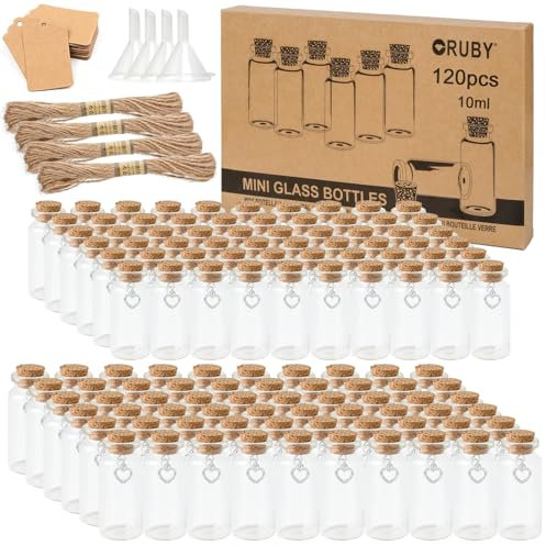 RUBY Lot de 120 Petite Fiole en Verre avec Bouchon 10ml Petite Bouteille en Verre Mini Bouteille Verre pour Décoration de Bricolage, Pot a Epices, Cadeaux de Mariage Fiole Verre Mariage(22mm * 55mm)