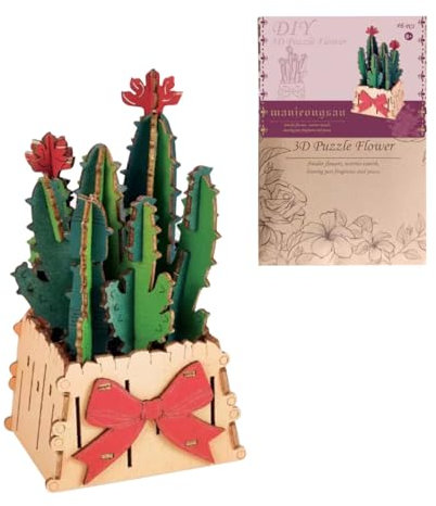Metalakaer 3D Puzzle DIY HöLzerne Blume, Kaktus KüNstliche Blumen Modell Kits Zusammengebaut Werden, Home DéCor und Valentine Geschenk (46 PCS)