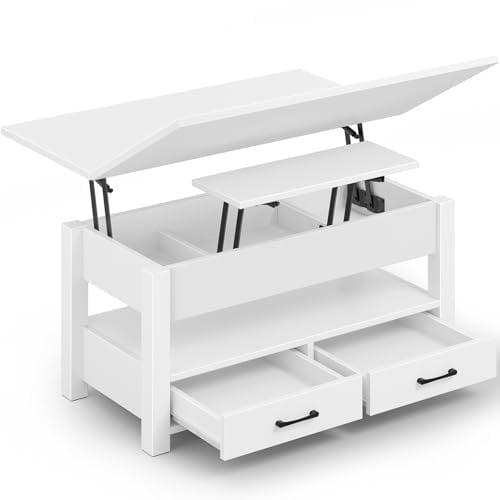 Rolanstar Mesa Centro Elevable, Mesa Salon con Cajón y Compartimento Oculto, Mesas Elevables Modernas Convertible en Comedor, 100 X 50 cm, Blanco