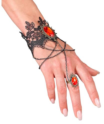 W WIDMANN MILANO Party Fashion - Armband aus Spitze mit Ring und Edelstein, Gothic, Accessoire Halloween Kostüm