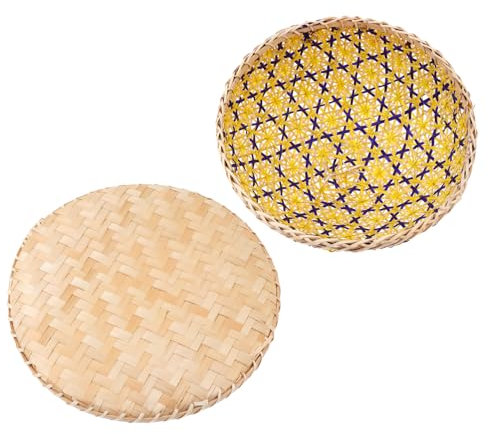 HOLIDYOYO Multi-Function Woven Basket Food Cover with Storage Basket, Bamboo Material, 28x20cm Yellow, Kitchen Food Protector for Indoor and Outdoor Use, 1 Set