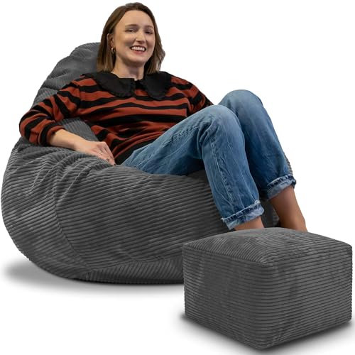 DreamRoots Sitzsack Erwachsene Cord oder Kinder - Bean Bag Sofa - Sitzsack Cord mit Hocker und Bezug - Sitzsäcke mit Füllung 90x90x100 cm Granite Gray