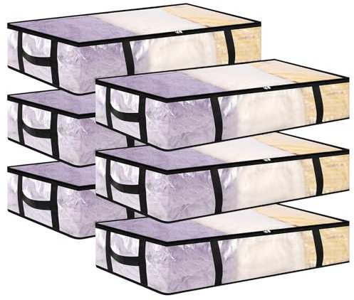 Dntorx 6 Stück 90L Unterbett Aufbewahrungsbox mit Deckel Groß, Transparente Unterbettkommode Faltbare Aufbewahrungstasche mit Griff, Unterbett Aufbewahrung für Bettdecken Kissen Kleidung Aufbewahrung