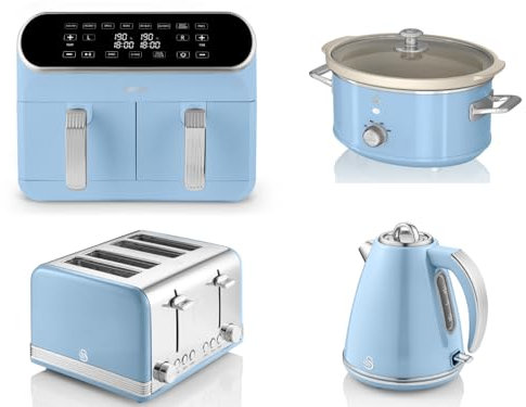 Swan Retro Blue 1.5L 3KW Jug Kettle, 4 Slice Toaster, 8L Dual Basket Air Fryer and 3.5L Slow Cooker. Matching Retro Design Kitchen Appliances Set in Blue
