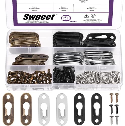 Swpeet 180Pcs 3 Colors 45 x 16mm Carbon Steel Single Keyhole Hangers with Screws Assortment Kit, Keyhole Hanging Plate Picture Hanger for Picture Frame, Key, Photo, Mirror