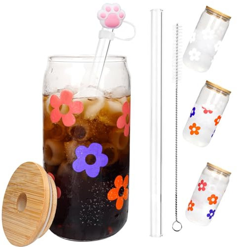 Glass Cup with Lid and Straw - 500ml Matcha Glass Jars - Clear Cute Drinking Boba Cup with Cleaning Brush,Reusable Can Set for Water Tea Juice Milk Coffee Cocktail Whiskey Long Drinks Smoothie