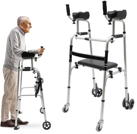 Gehhilfe für Senioren, Gehbock Klappbarer mit 2 Lenkrollen, Klappbares Gehgestell und abnehmbarer Armlehnen, 8 Gänge höhenverstellbare Aluminium-Gehhilfen für ältere Menschen