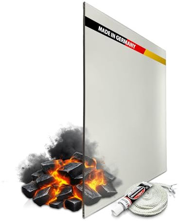 ROBAX Premium Kaminglas 5mm von Schott – 32x32cm Kaminscheibe/Ofenglas – Feuerfestes Glas bis 800°C als Ofenscheibe Ersatz für Kaminofen – Optional mit Ofendichtschnur & Kleber
