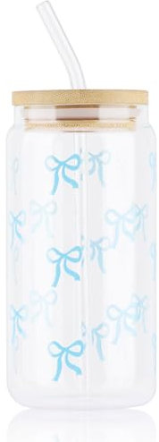 Yukaiwn Bow Glass Cup Set, 16 oz Pink Cute Tumbler with Glass Straw and Wood Lid Elegant Transparent Cute Coffee Cups Aesthetic Gifts for Women Girls Friends (Blue Bow)