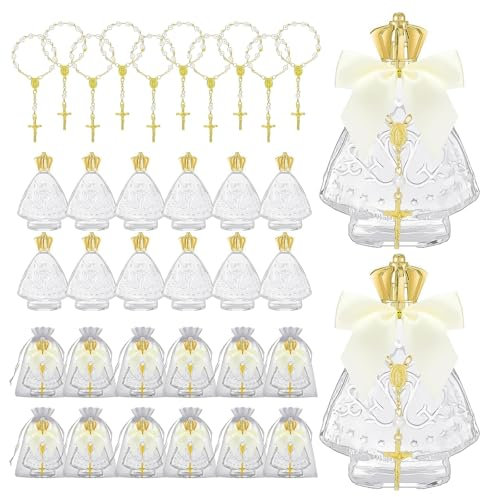 Juego de 12 botellas de agua bendita con 12 piezas de rosario de cruz de 50 ml, botellas vacías de vidrio cristiano católico con 12 lazos de encaje para iglesia, boda, fiesta, regalo (blanco)